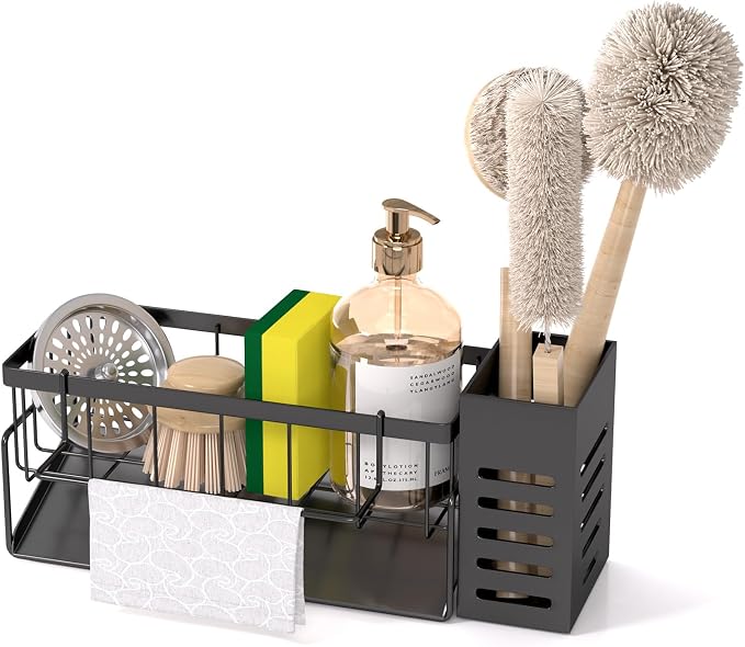 304 Stainless Steel Over Sink Caddy Sponge Soap Organizer Black | Auto sloped drainage with removable tray, 3 divided spaces for sponge & soap, rustproof steel, no installation needed - Image 7