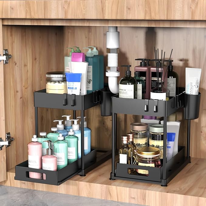 2 Pack Under Sink Organizer with Pull-Out Drawer, Black | 2-Tier Cabinet Storage, Kitchen & Bathroom, Tool-Free Assembly, Fits Cleaning Supplies & Toiletries, Space Saving - Image 2