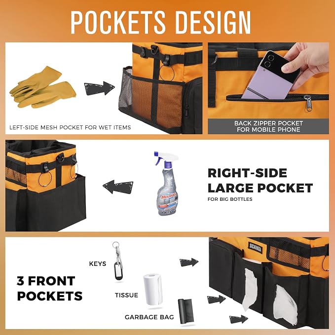 SCAVATA Wearable Cleaning Caddy Bag, Cleaning Caddy Supplies Organizer with Handle & Shoulder Straps for Housekeepers, Under Sink & Car Cleaning Tool Organizers with 4 Foldable Divider (Orange) - Image 2