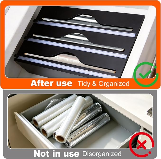 Wrap Dispenser Compatible with Saran, 3 in 1 Cutter Organizer, Black | Three slots hold standard 12-inch rolls, with side loading and wall-mount option to help keep cabinets and counters tidy - Image 3