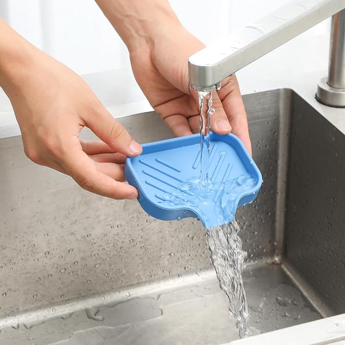 MicoYang Silicone Soap Dish with Drain Spout, Self-Draining Sink Organizer Tray for Bathroom & Kitchen, Sponges, Dispensers & Soap Holder, Non-Slip & Dishwasher Safe, Lichen Blue (Compact, 4.9"×3.2") - Image 9