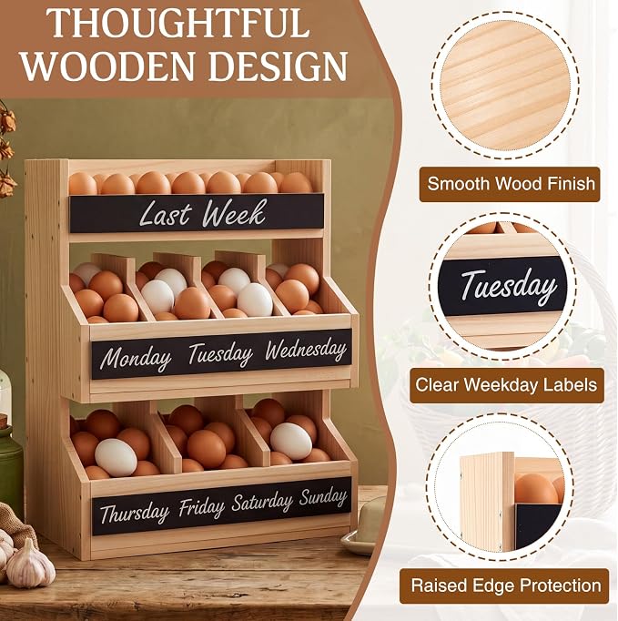 Leinuosen Wooden Egg Holder Countertop with 5 Dividers & DIY Freshness Labels to Separate, 3-tier Wood Egg Storage Basket Organizer, Large Farmhouse Kitchen Counter Display Rack - Image 3