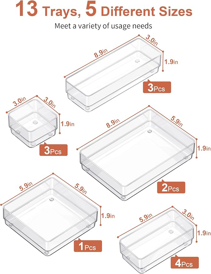 SMARTAKE 13 PCS Drawer Organizer 5-Size Desk Makeup Drawer Organizer Clear | Storage Trays for Makeup with Non Slip Silicone Pads, Jewelries, Utensils in Bedroom Dresser, Office, Kitchen and Bathroom - Image 2