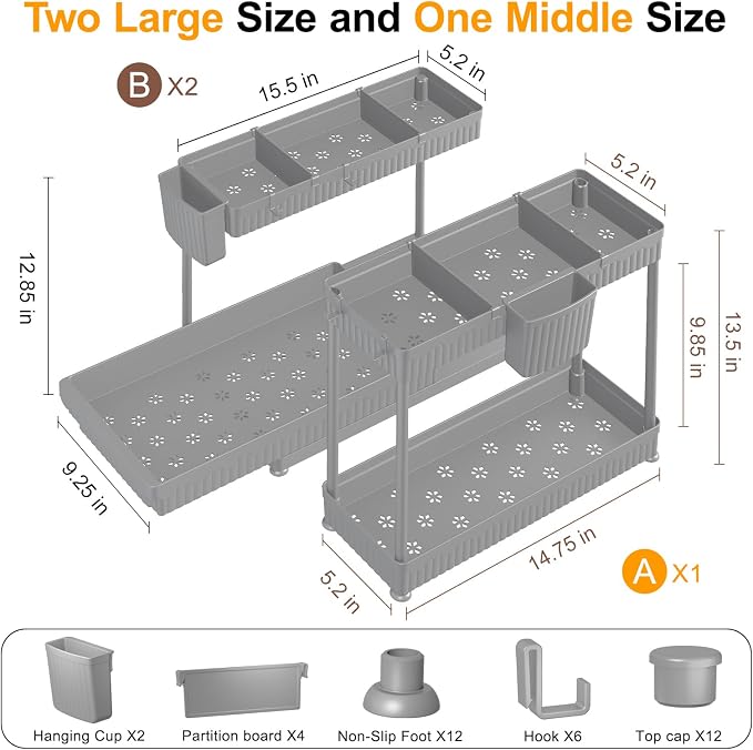 3-Pack 2-Tier L-Shaped Under Sink Organizers with Sliding Drawers | Multi-use kitchen & bathroom storage, 12.85 inch grey cabinet organizer, space-saving sliding drawer design. - Image 6
