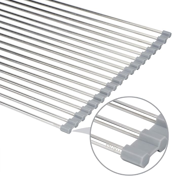 Hhyn Roll-Up Sink Drying Rack 17.7"(L) x 13.8"(W), Gray | Multipurpose Heat Resistant Over The Stainless Steel & Silicone Dish Rollable Kitchen Drainer - Image 4