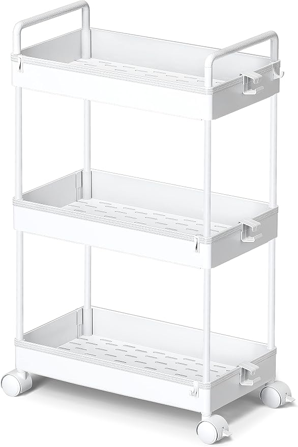 Ronlap 3 Tier Slim Rolling Storage Cart with Wheels Utility Organizer,White | For bathroom, laundry, kitchen, bedside & dorm. Fits art, craft, snack, makeup, nail, diaper & postpartum baby supplies by Ronlap