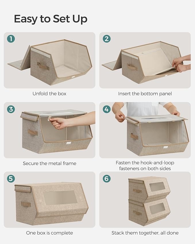 SONGMICS Stackable Storage Bins, Set of 2, with Lids and Front Windows | Closet Organizers, Linen-Look Non-Woven Fabric, Magnetic Closures, Side Handles, Beige, TINA Collection URLB002Y01 - Image 6