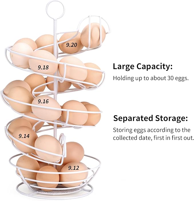 White Spiral Egg Holder Countertop, Metal Egg Skelter, Egg Dispenser Rack with Storage Basket for Countertop, Kitchen - Image 4