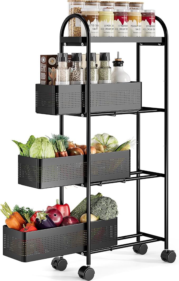 KINGRACK 4 Tier Slim Rolling Cart with Drawer, Metal Utility Storage Cart | 3 Pull-out Baskets, Lockable Wheels, Narrow Space Trolley Organizer for Bathroom, Kitchen, Office, Dorm, Laundry Room, Black by KINGRACK