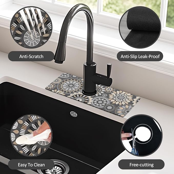 15" X 5.5" Kitchen Sink Splash Guard Faucet Mat Mandala Super Absorbent Fast Drying Faucet Guard & Draining Mat Sink Splash Guard Behind Faucet for Kitchen, Bathroom - Image 4