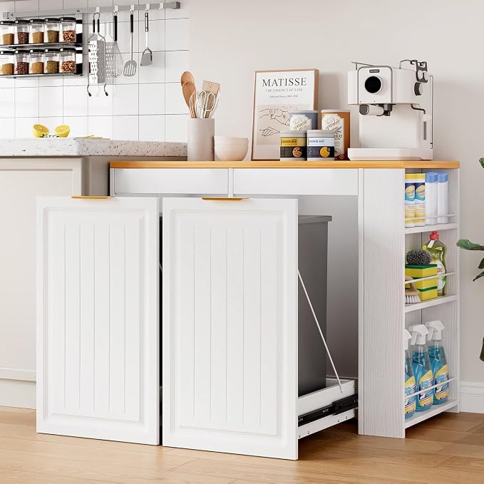 Double Pull Out Trash Can Cabinet 2x13 Gallon, Side Storage Rack, White | Pet Proof, Freestanding Kitchen Cabinet, Garbage Recycling, Laundry Hamper, Modern Farmhouse Waste Bin Furniture by ZIFTY