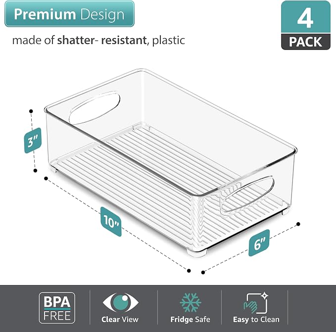 Sorbus Stackable Refrigerator Organizer Bins - Clear Storage Bins for Kitchen Pantry, Freezer & Fridge Organization - Food Organizing Plastic Containers with Handles for Countertops & Drawers (4 Pack) - Image 4