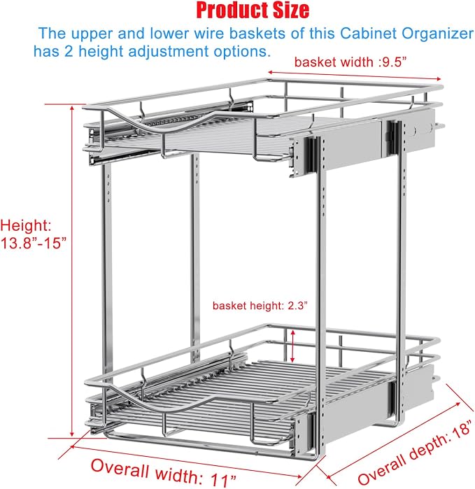 DINDON 2 Tier Pull Out Cabinet Organizer (11" W x 18" D) Heavy-Duty Metal Sliding Drawer Shelf, Two Tier Pull Out Shelves for Kitchen Cabinets, Pantry, Bathroom, Chrome Finish - Image 2
