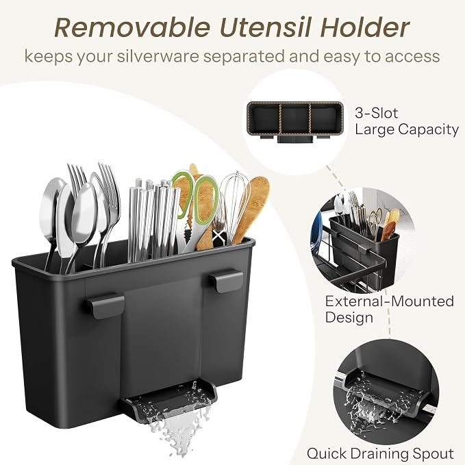 SNTD Dish Drying Rack for Small Kitchen Counter, 11" W x 15" L, Black | Space Saving, Rotating Spout & Angled Drainboard for Quick Drainage, Stainless Steel, Removable Utensil Holder - Image 9