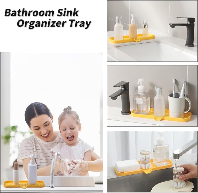 MicoYang Silicone Soap Dish with Drain Spout — Self-Draining Double Sink Organizer Tray for Kitchen & Bathroom, Dispensers, Sponges & Soap Holder, Non-Slip & Dishwasher Safe, Yellow (Large, 12"×4") - Image 4
