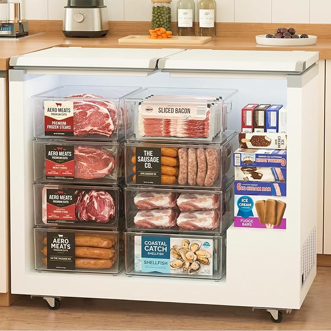 Heyuzb 8 PACK Freezer Organizer Bins Fridge Organizers and Storage Stackable Refrigerator Organizers Bins with Side Handles Clear Storage Bins for Pantry, Under Sink, Kitchen Cabinet - Image 7