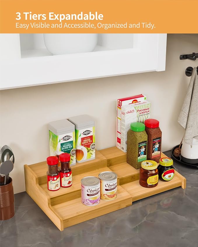 Spice Rack 3-Tier Natural Bamboo, Adjustable Cabinet Organizer Shelf | Expands 8.7-15.6"cabinets. Stepped design, labels visible.Storage organizer saves space, easy wipe. For spices, jars,cans. - Image 3