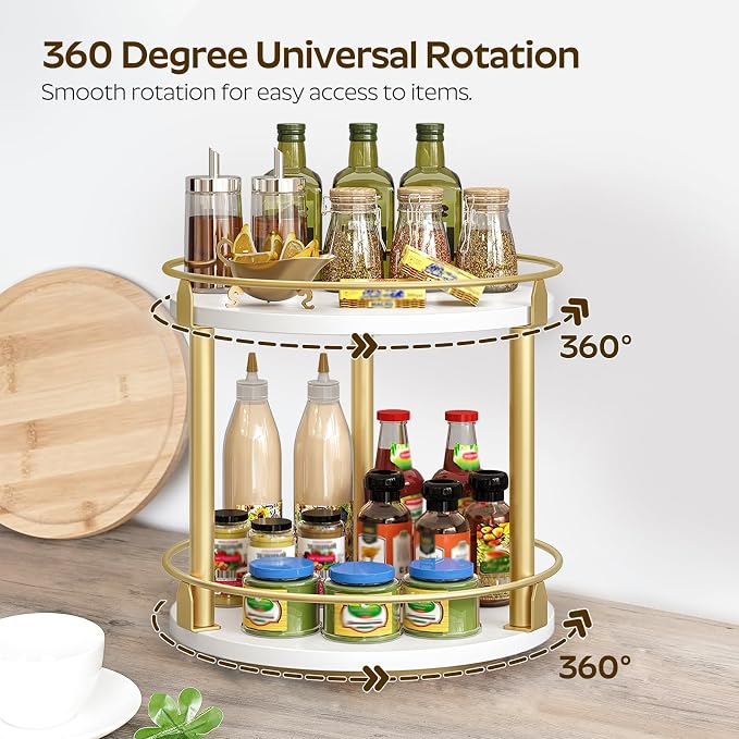 Lazy Susan Organizer, Rotating Spice Rack, 2 Tier Spice Turntable Organizer, Industrial Turntable Spice Holder, for Kitchen Countertop and Cabinet, Compact and Versatile, White and Gold SR22DW - Image 4