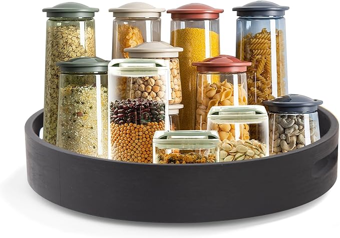 13in Black Bamboo Lazy Susan Turntable Round Organizer for Cabinet | Spinner Turntable Organizer for Cabinet, Round Serving Tray Turntable Seasoning Organizer for Pantry, Countertop & Kitchen by Mamalucky