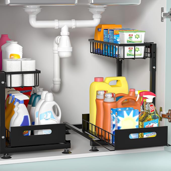 2-Pack L-Shaped Under Sink Organizer, 2-Tier Pull-out Cabinet Rack | Black Height-Adjustable Steel Rack, Sliding Grid Drawers with PP Liners, Holds 100 Lbs, Suction Base, Ideal Kitchen Storage by Saydear