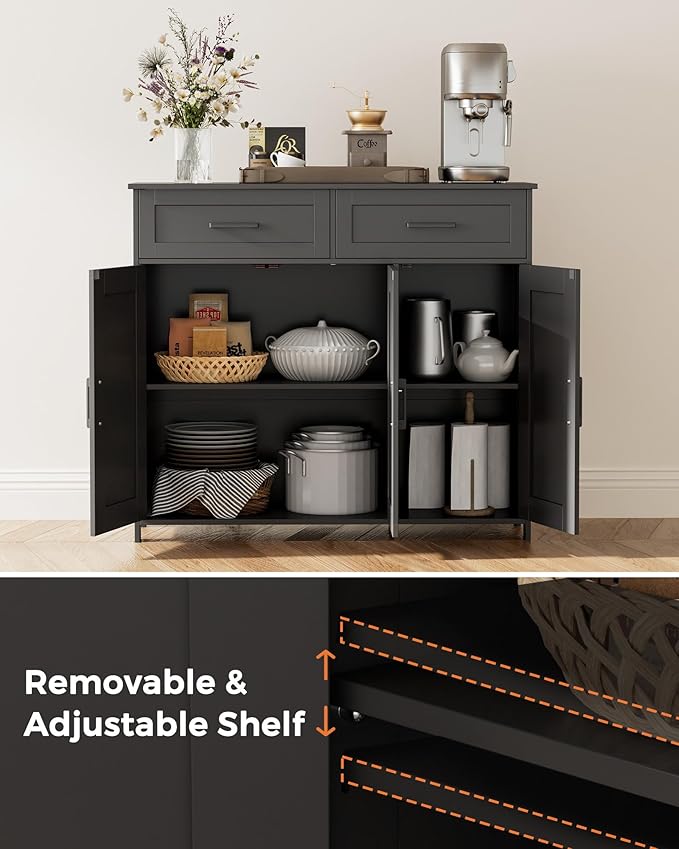 Homhedy Coffee Bar Storage Cabinet with Drawers, Kitchen Buffet Cabinet | Sideboard Cabinet with Doors, Farmhouse Buffet Cabinet, Adjustable Shelves, for Kitchen / Dining / Living Room, Black - Image 4