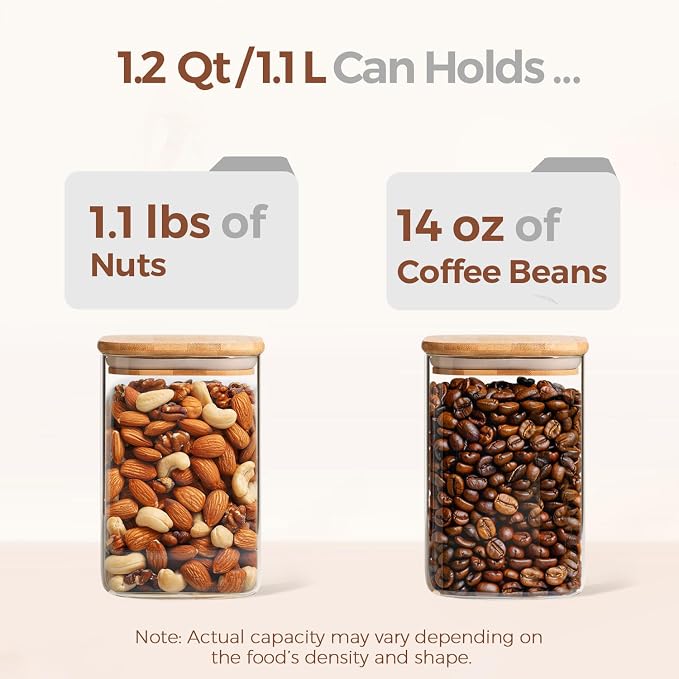 ComSaf Square Glass Containers With Lids 1.2 Qt, Set of 9 Pantry Galss Jars | Food Storage Jar, Kitchen Canisters, Storage Container, Bamboo Lid with Silicone Seal, Cookie, Flour, Spice, Coffee, BPA Free - Image 3