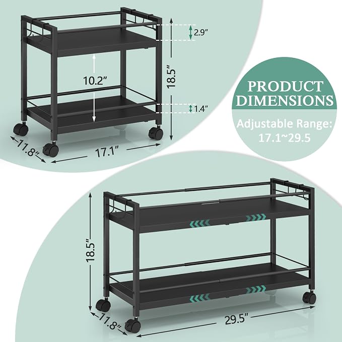 2 Pack 2-Tier Expandable Rolling Pantry Cart with Wheels, Adjustable Floor Organizer for Kitchen Pantry, Can Organizer for Pantry, Storage Cart for Snack, Food, Vegetables, Black, Patent Pending - Image 3