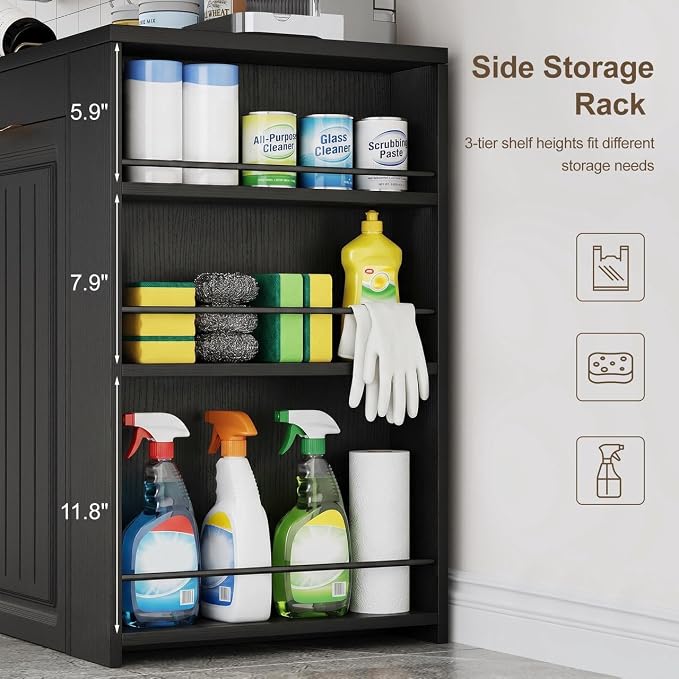 Double Pull Out Trash Can Cabinet 2x13 Gallon, Side Storage Rack, Black | Pet Proof, Freestanding Kitchen Cabinet, Garbage Recycling, Laundry Hamper, Modern Farmhouse Waste Bin Furniture - Image 5
