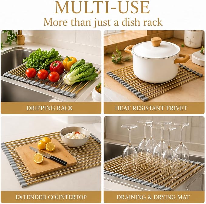 Snailhouse Roll Up Dish Drying Rack, Stainless Steel Dish Drainer Over The Sink with Anti-Slip Silicone for Kitchen Counter, Gold (17.8 x 11.8 in) - Image 5