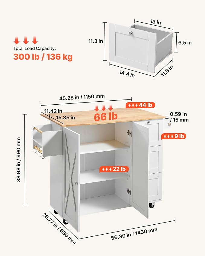 VEVOR Kitchen Island Cart, 45.3x39 inch Rolling Kitchen Table, Mobile Carts with Storage Cabinet and Solid Wood Top, Portable Islands with Wheels, Spice Rack, Towel Rack, Drop Leaf and Drawer, White - Image 3