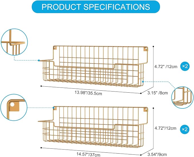 Spice Rack Wall Mount, 4 Pack Spice Organizer, Gold | Wire Spice Rack, Spice Storage Shelf, Space-Saving, For Kitchen Cabinet, Pantry Door, RV - Image 2