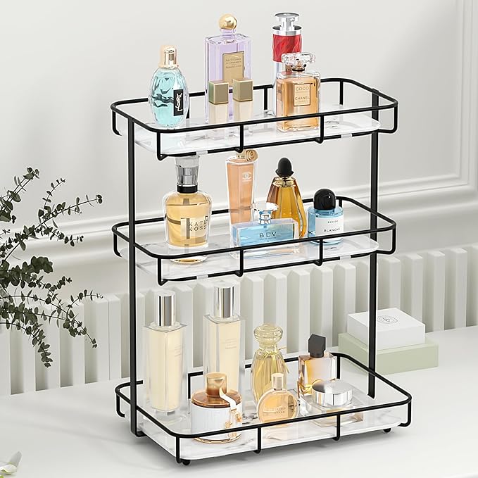 Bathroom Organizer Countertop Perfume Organizer Makeup Organizer Cosmetics Storage Display Rack Vanity Tray Dresser Stainless Steel Gold Shelf White Marble Ceramic Tray by Dobbyby