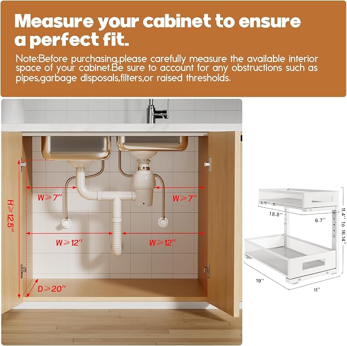 2 Pack 19IN Depth Under Sink Storage Organizer, Large 2-Tier Elegant Mesh Pull Out Shelf for Kitchen and Bathroom Cabinet Organization, L-Shaped and Adjustable Height Design-White - Image 2