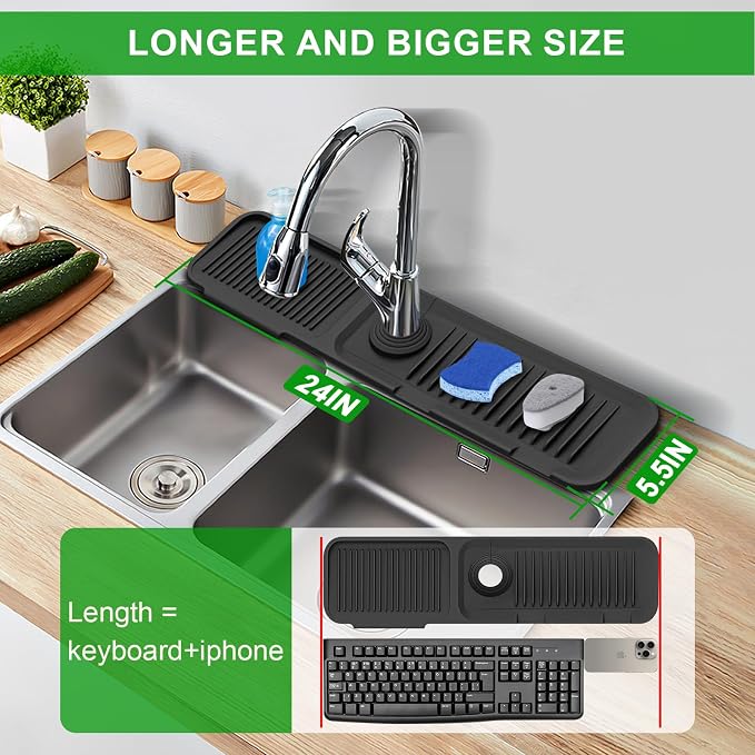 Sink Splash Guard, 5°Slope Silicone Draining Mat for Kitchen Sink, 24 inch Sink Faucet Mat, Silicone Sink Faucet Mat Splash Guard, Sink Water Splash Guard, Sink Accessories for Kitchen, Bathroom - Image 2