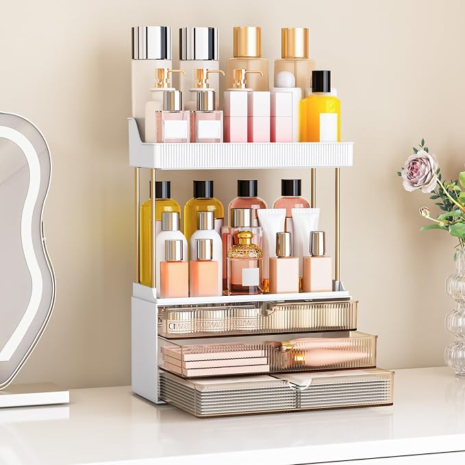 3-Drawer 2-Tier Acrylic Makeup & Bathroom Vanity Organizer | Amber,3 smooth drawers, 2 open shelves, dustproof, wipe clean, for large skincare, perfumes, lipsticks, dresser, counter - Image 7