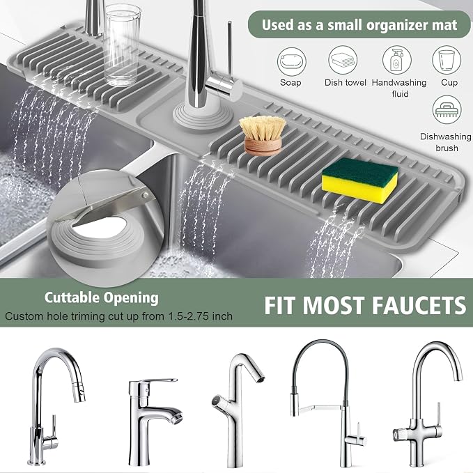 24-Inch Kitchen Sink Splash Guard Mat | 7° Slope for Fast Self-Draining | Snap-Lock Design | Universal & Cuttable Silicone Faucet Mat Gray - Image 6