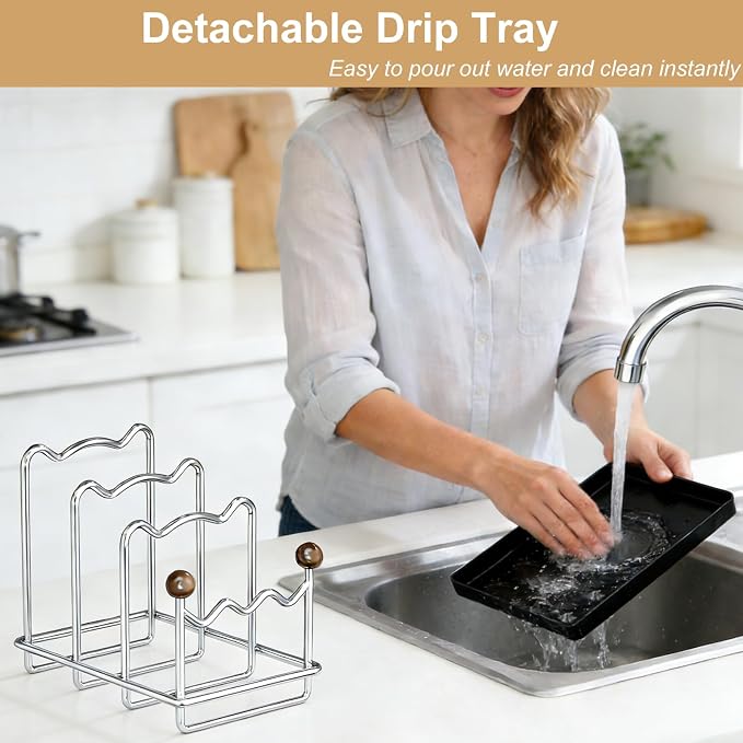 Pot Lid Organizer Cutting Board Holder with Removable Tray -Black | 3-Slot Kitchen Pot Lid Storage Rack Chopping Board Holder for Countertop, 8.2 x 5.1 x 7.2 in - Image 4