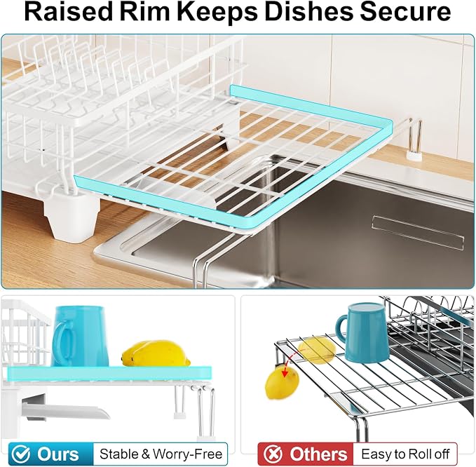 Expandable Dish Drying Rack - Countertop with Sink Extension, White | 12.6"-22.4" Adjustable Length, Extra Drying Space, Auto-Drain Spout, Large-Capacity, Removable Utensil Holder, Rust-Resistant - Image 5
