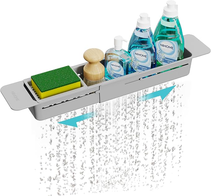 NiHome Extendable Kitchen Sink Caddy Extra Long Brush Sponge Storage Holder | Expandable Kitchen In Sink Organizer Extra Long for Brush & Sponge with Drainage, Adjustable Length, Non-Slip Pads (Gray) by NiHome