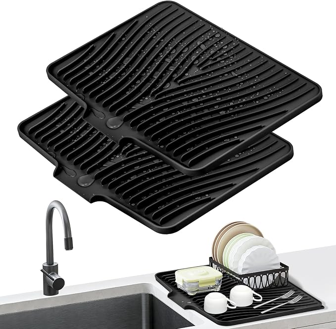TIKNIK Silicone Dish Drying Mat for Kitchen Counter, Black-2pcs, 16" x 12" | Heat Resistant & Non-Slip Dish Drain Pad with Built-In Drain, Dishwasher Safe, Quick-Dry, Hangable & Roll-Up for Storage by TIKNIKHomeOutdoor