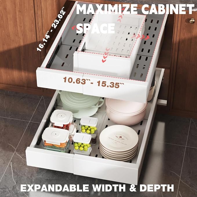 Seinloes Pull Out Cabinet Organizer,4-Side Expandable to Maximize Cabinet Space,Slide Out Drawers with 3 Rail Design,Roll Out Shelf with Raising Pad for Framed Cabinet,11"-16"W x 17"-24"D,White,2 Pack - Image 2