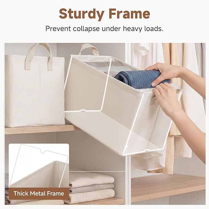 StorageWorks Fabric Storage Bins, Closet Organizer Bins, Beige, 2-Pack | With PU Handles, Wrinkle-Resistant Cottlyn Fabric, Foldable, For Bedroom, Bathroom, Laundry, Holds Clothes, Towels, Blankets - Image 3