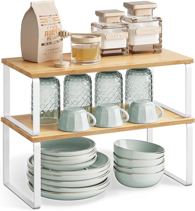 SONGMICS Cabinet Organizer Shelf, Set of 2 Spice Rack, Kitchen Storage | Kitchen Counter Storage Spice Rack, Steel, Bamboo, Light Bamboo and Matte White, BYSTRO Collection UKCS200W01 - Image 8
