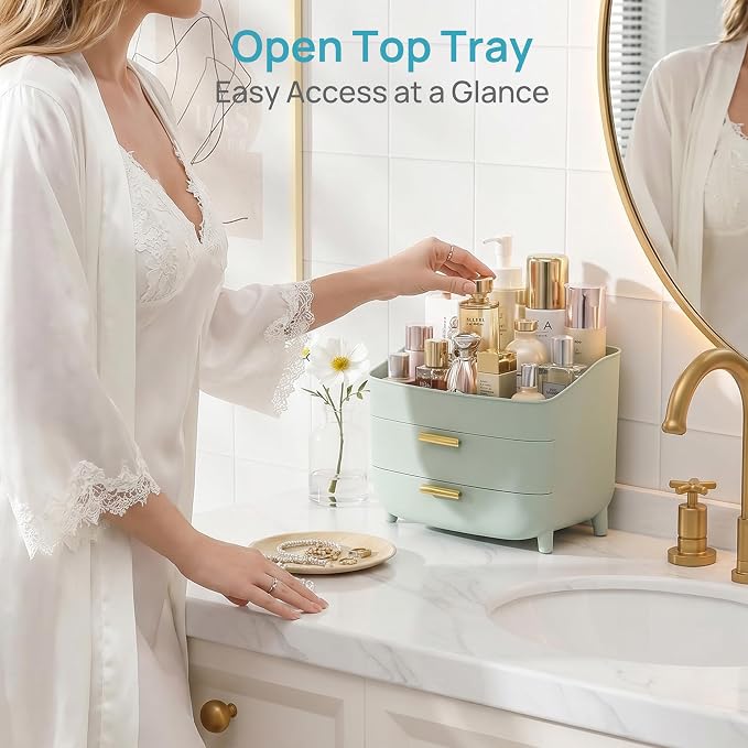 Vtopmart 3-Tier Skincare Makeup Organizer with Drawers, Green | For Vanity and Bathroom Countertop, with Drawers, Large Cosmetic Storage Box Case, , Non-Slip Base - Image 3
