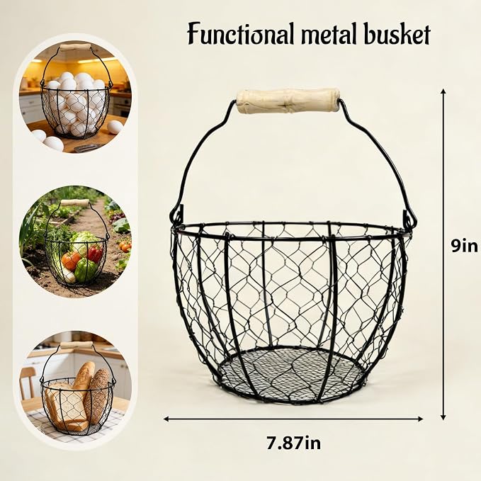 2 Pcs Egg Basket With Handle,Wire Egg Basket for Gathering Fresh Eggs, Round Egg Collecting Basket for Farm,Vintage Style Chicken and Duck Eggs Basket Egg Countertop Storage Container Holder ﻿ - Image 2