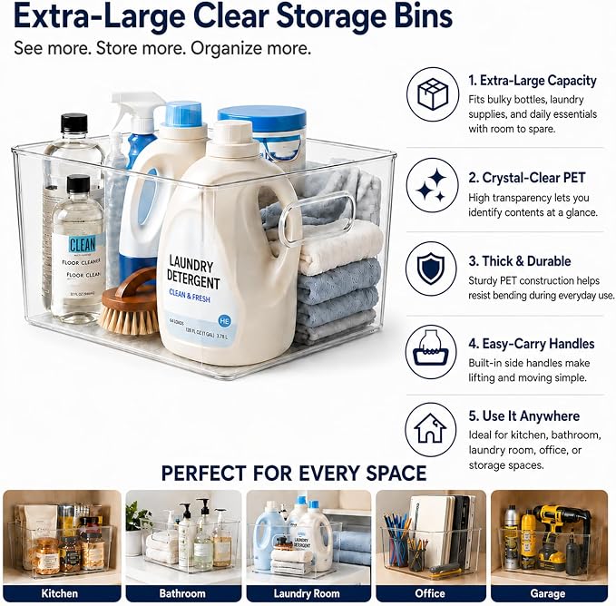 MOONEDGE 4 Pack Extra Large Clear Plastic Storage Bins 13x10x8in Organizers | 16QT Each, Pantry Organizers and Storage, Cabinet Storage, Bathroom, Closet, Under-Sink, Kitchen Shelves, Side Handles, Home - Image 4