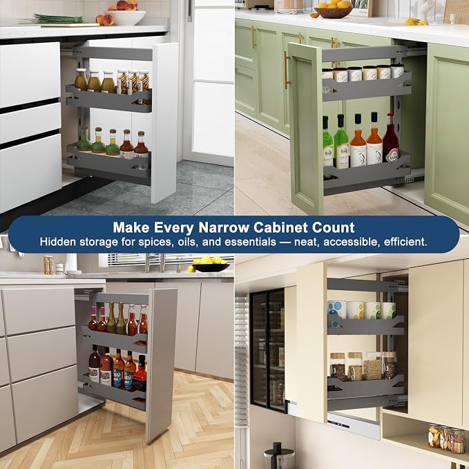 VADANIA Narrow Pull Out Cabinet Organizer, For 10" Base Cabinets | 2-Tier Slim Cabinet Storage with Solid Metal Trays, Soft Close Full-Extension Slides, Reversible Left or Right Side Mount - Image 6