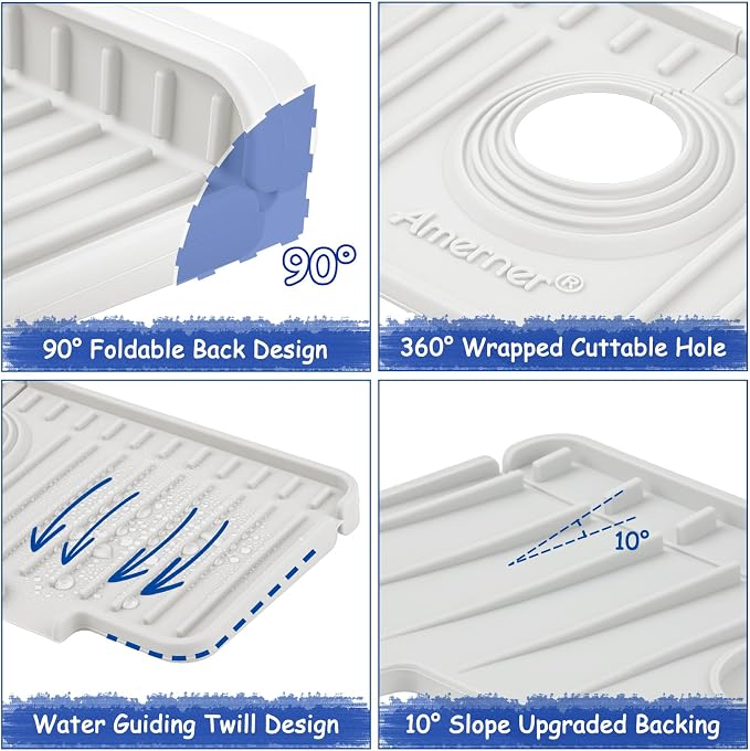 Amerner Kitchen Sink Splash Guard, Silicone Faucet Guard & Draining Mat, Bathroom and Kitchen Sink Organizer, Sink Faucet Mat Water Splash Guard Behind Faucet Accessories Gadgets, 14.2” x 5.1”, White - Image 6