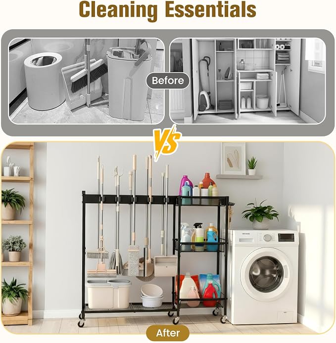 Broom Holder with Cleaning Supplies Organizer, Cleaning Utility Cart on Wheels, 10 Clips & 7 Hooks, 3-Tier Shelves, Broom Closet Storage Cabinet with Cleaning Caddy for Home Commercial Use - Image 4