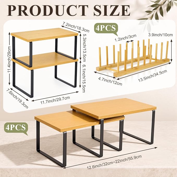 8 Pcs Kitchen Organizer Accessories Set Stackable Cabinet Organizer Shelf and Bamboo Plate Holder Dish Rack for Plates Bowls Pot Lids Cups Glasses Cutting Boards Countertop Storage(Natural) - Image 2